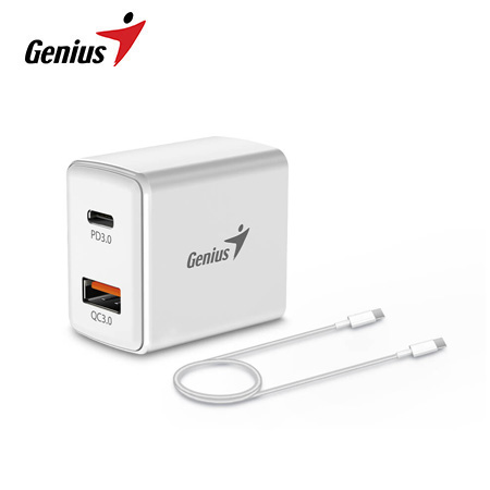 CARGADOR DE PARED GENIUS PD-20ACP 20W FAST CHARGE 1 USB-C 1 USB-A WHITE + CABLE GENIUS 3A USB-C A USB-C WHITE  (32590009400)